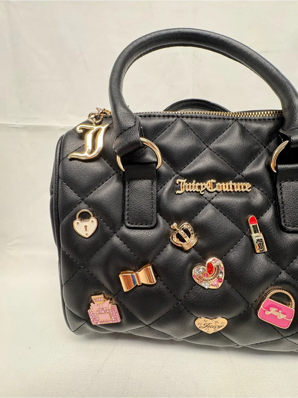 Juicy Couture Black Quilted Satchel Charms Gold Hardware Cute